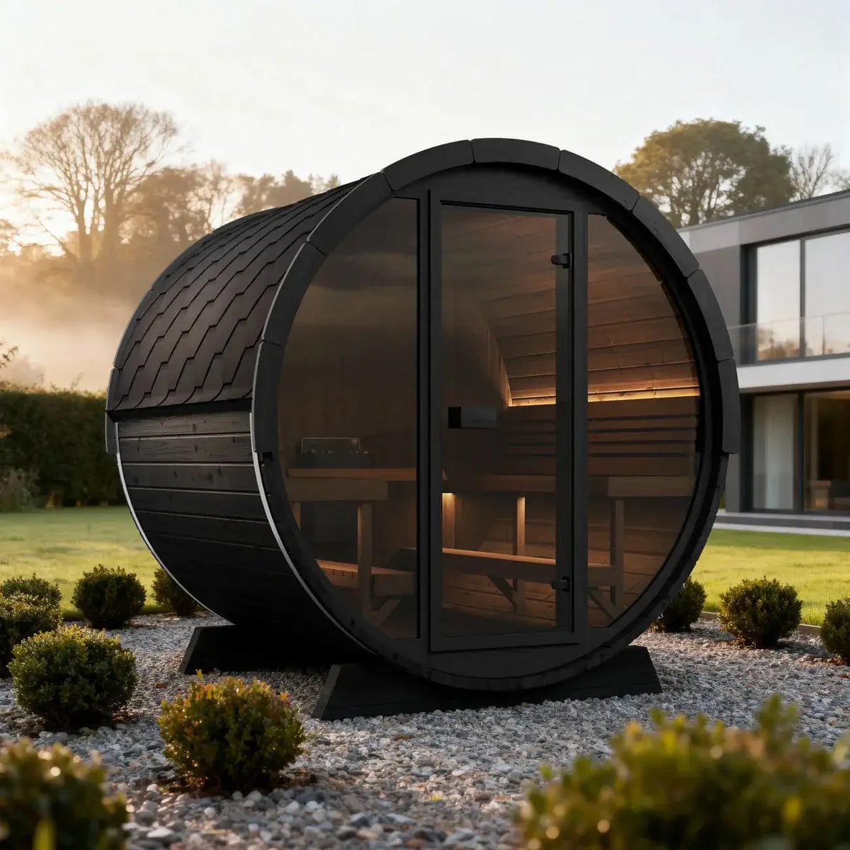 The modern black SaunaLife EE8GB wooden sauna cabin with a large glass front door and windows, set outdoors on a gravel bed with manicured shrubs, a lawn, and a contemporary house in the background.