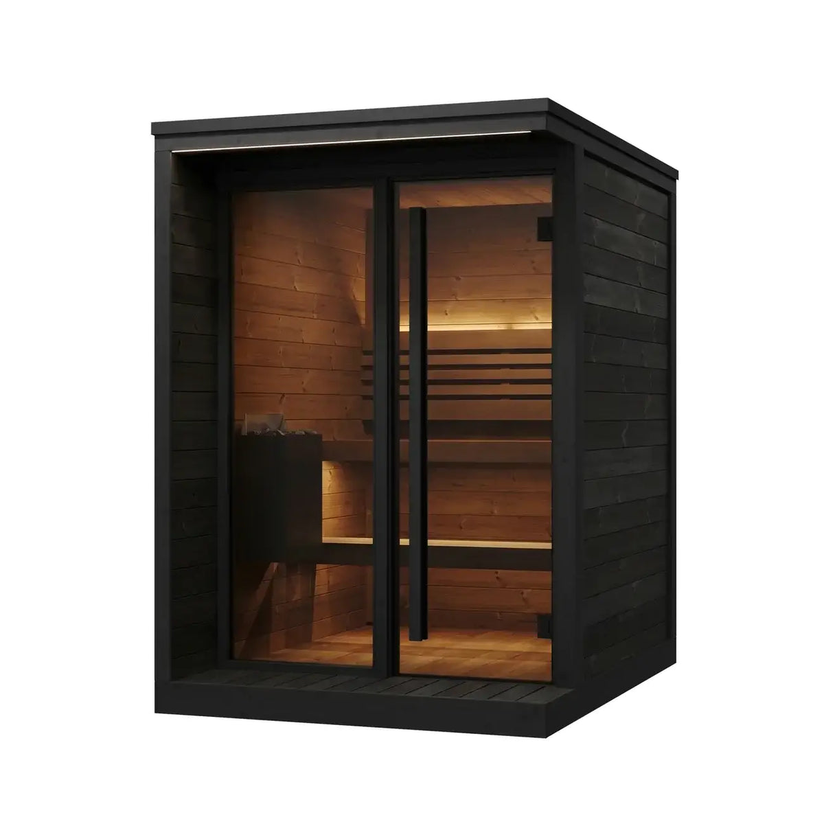 SaunaLife GL4B, a modern outdoor sauna cabin with dark charcoal wood siding, a glass door, a window, and warm wood interior benches, shown on a plain white background.