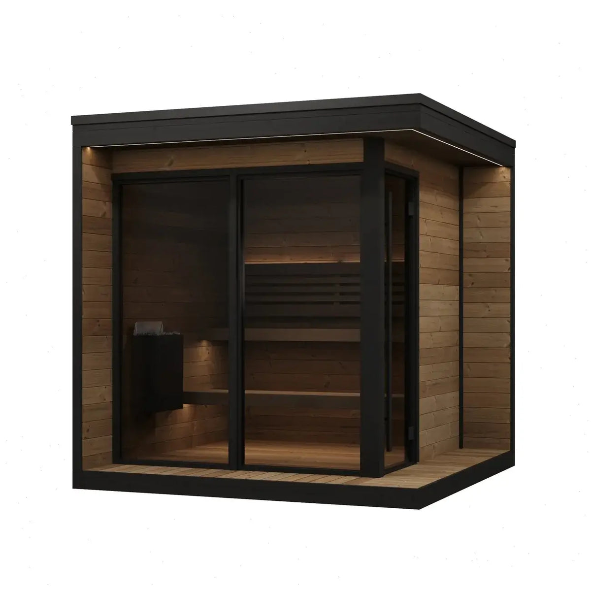 SaunaLife GL6 wooden sauna with black frame on a white background.