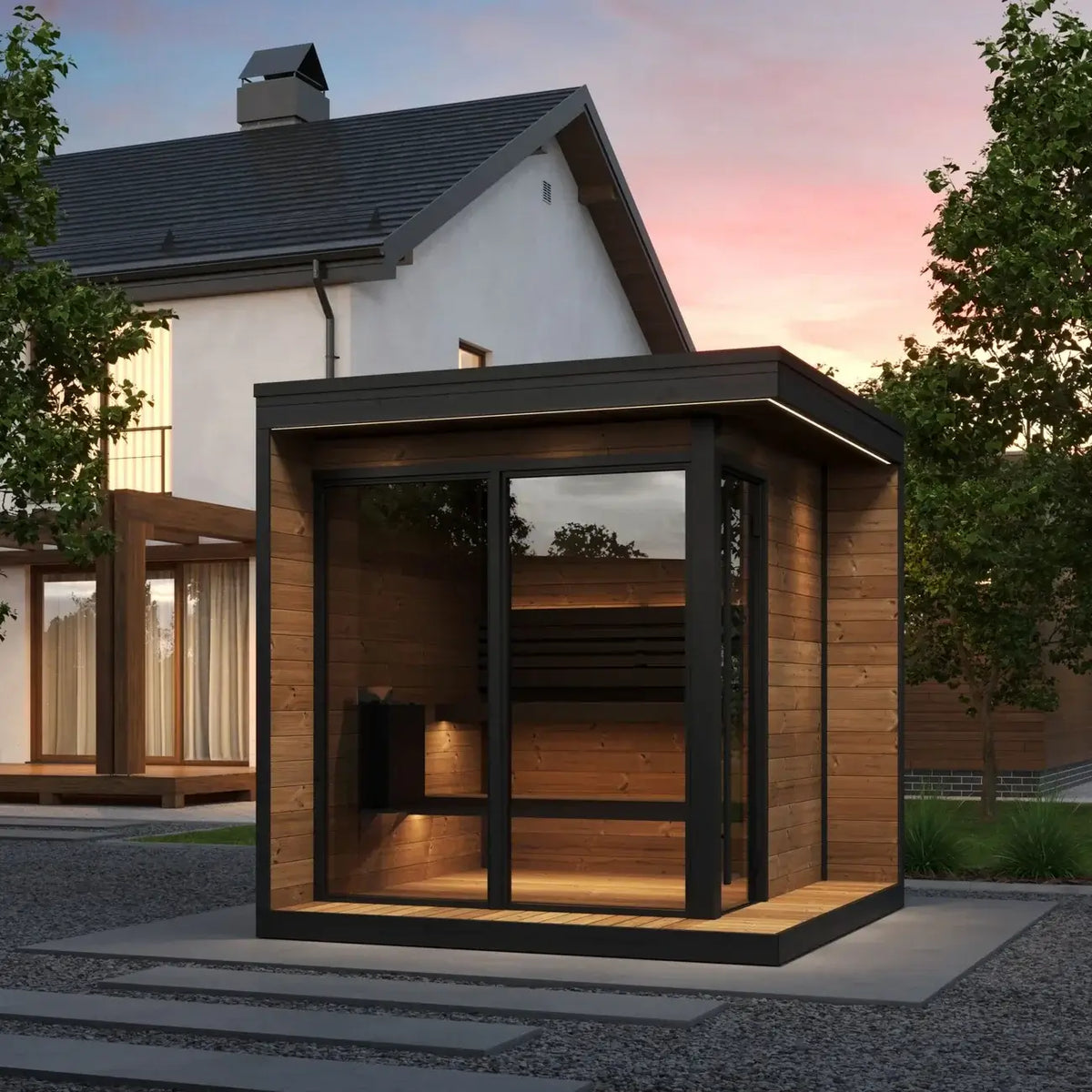 Modern outdoor SaunaLife GL6 sauna cabin with wooden exterior and black roof in a residential setting.