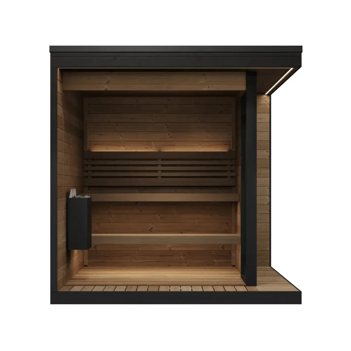 Modern wooden SaunaLife GL6 sauna cabin with a black exterior frame, warm wood interior, and built-in lighting, shown on a plain white background.