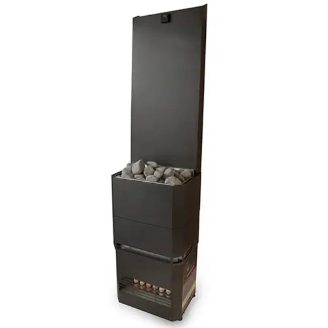 Saunum AIR 5 4.8 kW climate-equalizing electric sauna heater
with rocks on a white background
